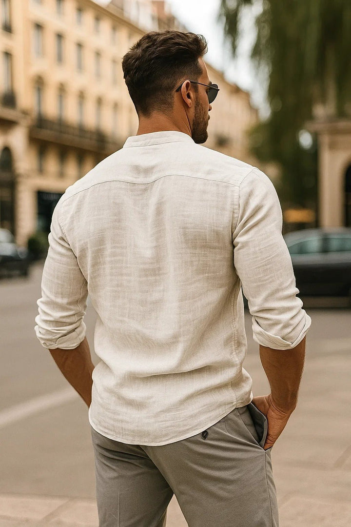 Collarless men's long sleeve shirt with a relaxed fit. Grandad collar design for comfortable, modern casual style.