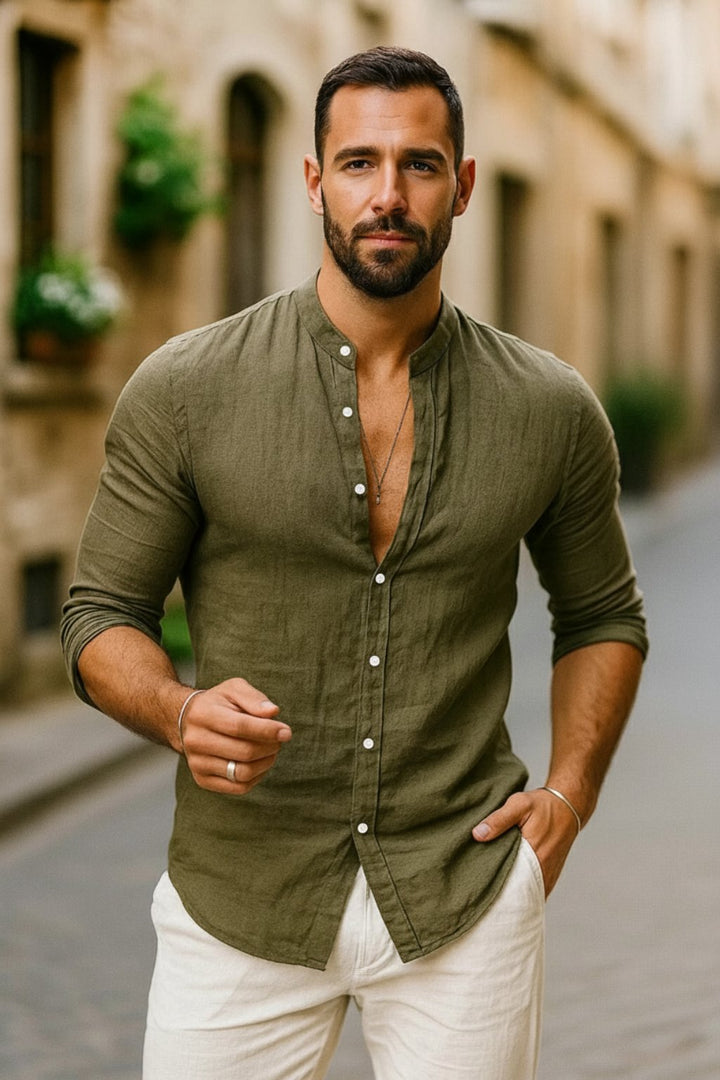 Comfortable men's long sleeve grandad collar shirt. Relaxed fit button-down for versatile spring and summer fashion.