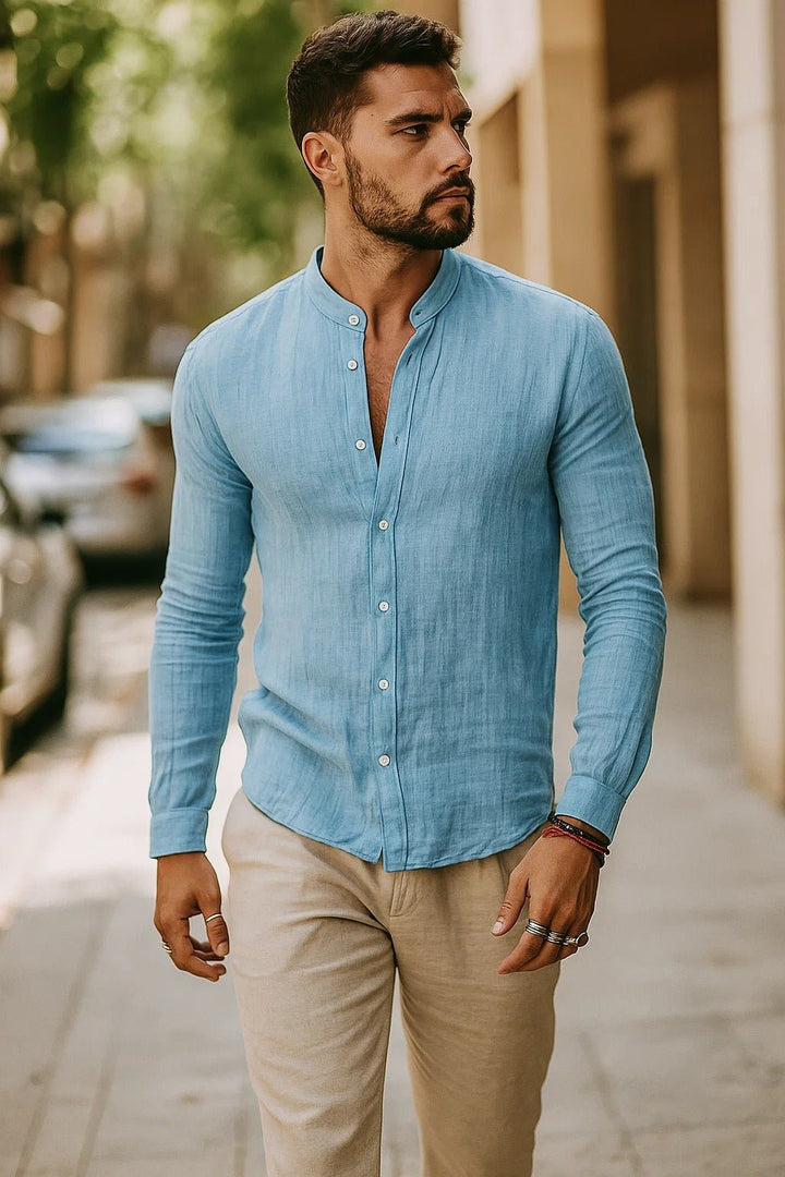 Button-down men's collarless shirt. Long sleeve, relaxed fit grandad collar for easy, comfortable casual wear.