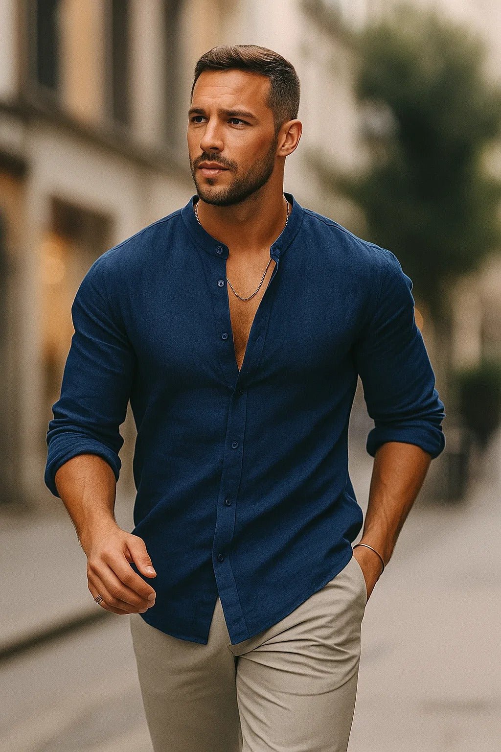 Modern men's grandad collar shirt. Relaxed long sleeve fit, perfect for smart casual spring and summer comfort.