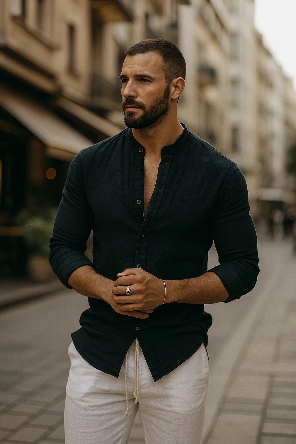 Casual men's long sleeve shirt with a relaxed fit. Grandad collar design offers all-day comfort and effortless style.
