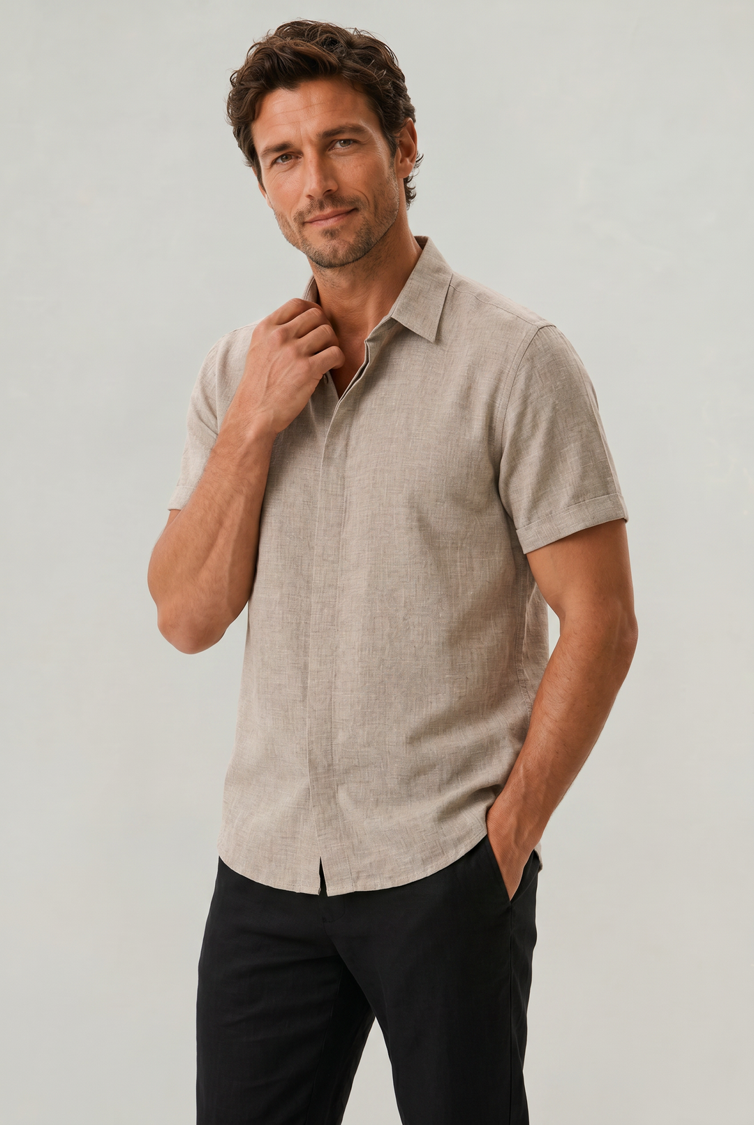 Men's short sleeve textured summer shirt, smart casual, button-up, comfortable fit.