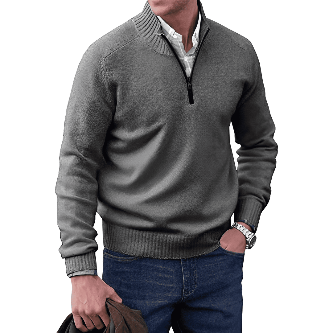 Winter fashion: Men's stylish quarter zip cashmere pullover. Warm, long sleeve casual jumper.