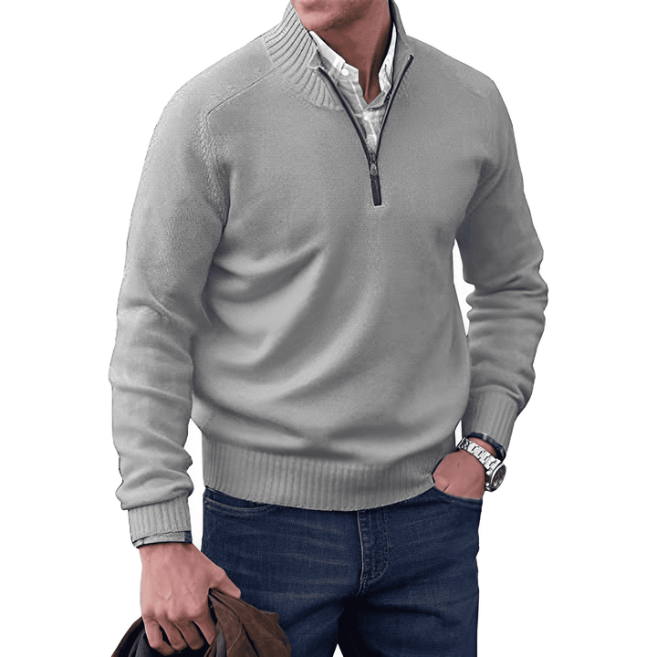 Elegant men's quarter zip cashmere sweater. Luxe long sleeve pullover, perfect for layering.