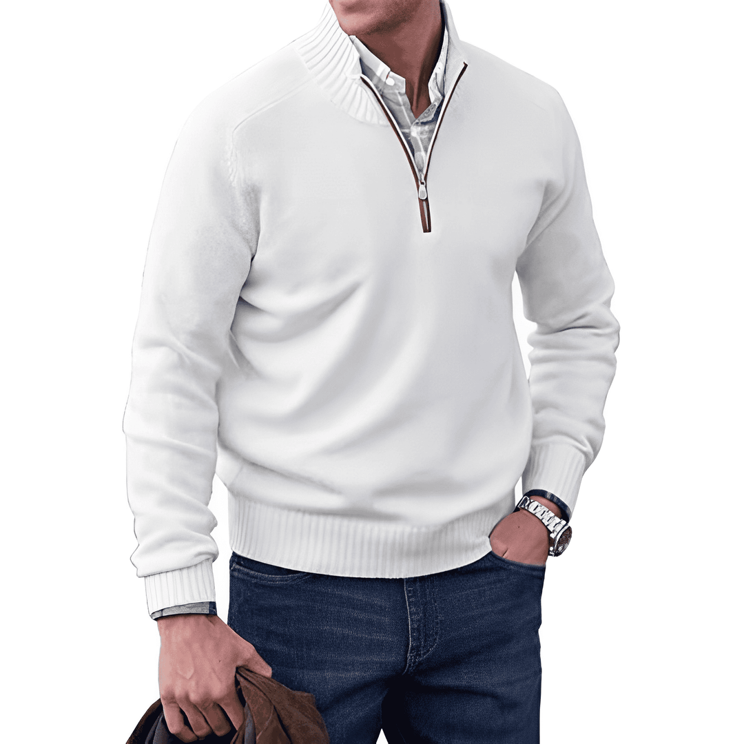 Versatile men's quarter zip cashmere sweater. Ideal for casual or smart casual layering & warmth.