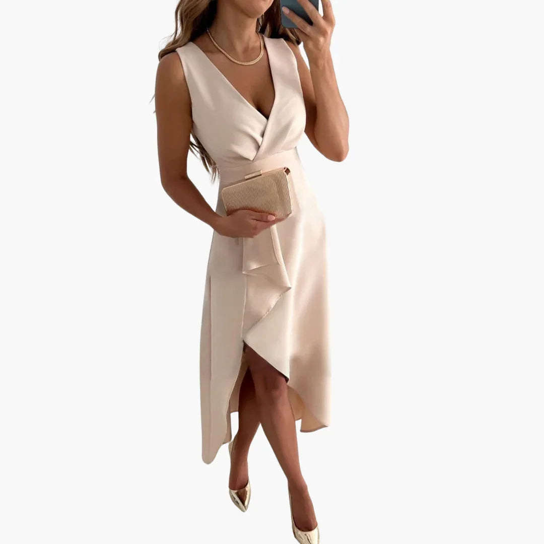 Elegant women's beige relaxed wrap V-neck midi dress, perfect for special occasions or garden parties.