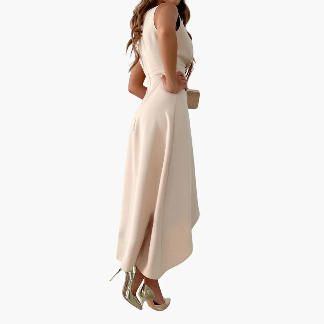 Relaxed fit beige V-neck wrap midi dress for women. Comfortable & elegant for any special occasion or party.