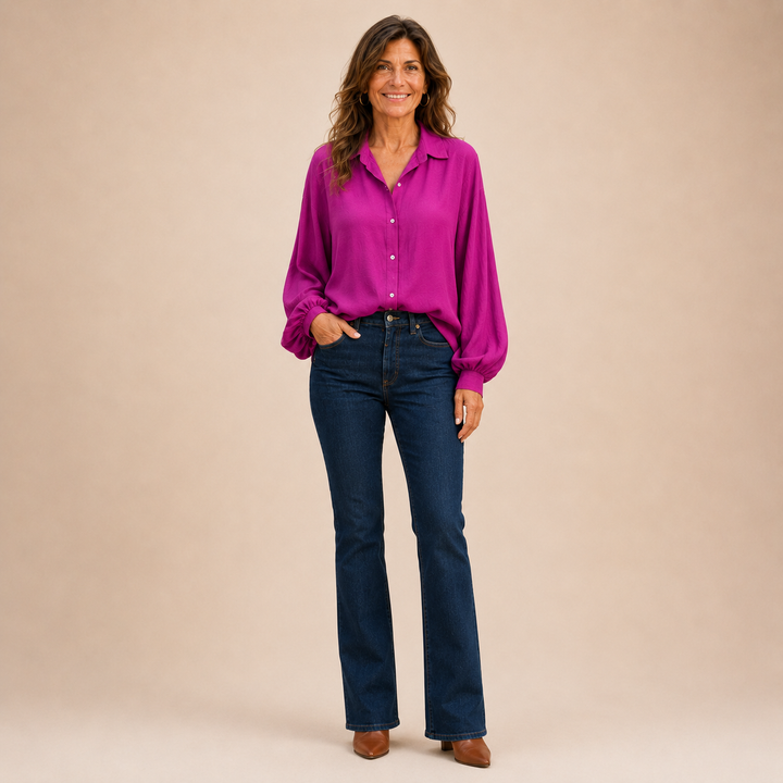 Versatile women's long sleeve collared button-down shirt, ideal for casual fashion.