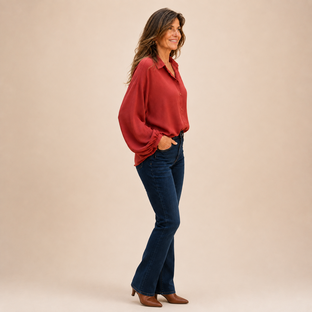 Women's casual relaxed fit button-down shirt, a stylish long sleeve blouse for everyday comfort.