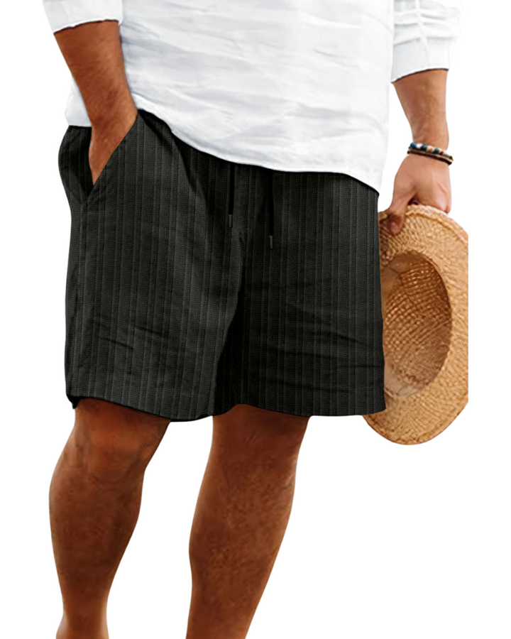 Versatile men's ribbed drawstring shorts. Sophisticated yet casual, great for summer, beach, or relaxed vacation.