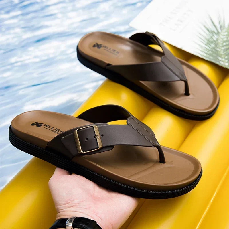 Men's fashion open-toe buckle thong slides. Comfortable casual shoes for summer, beach, and everyday wear.