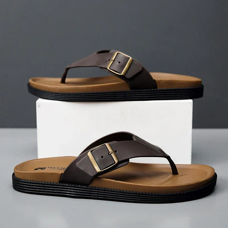 Stylish men's open-toe buckle thong slides. Fashionable casual summer shoes for beach, pool & daily comfort.