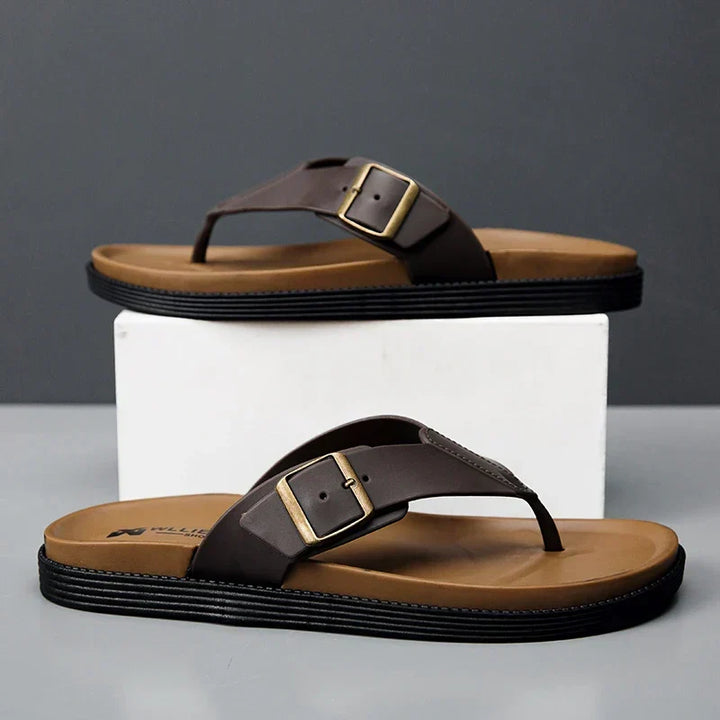 Stylish men's open-toe buckle thong slides. Fashionable casual summer shoes for beach, pool & daily comfort.