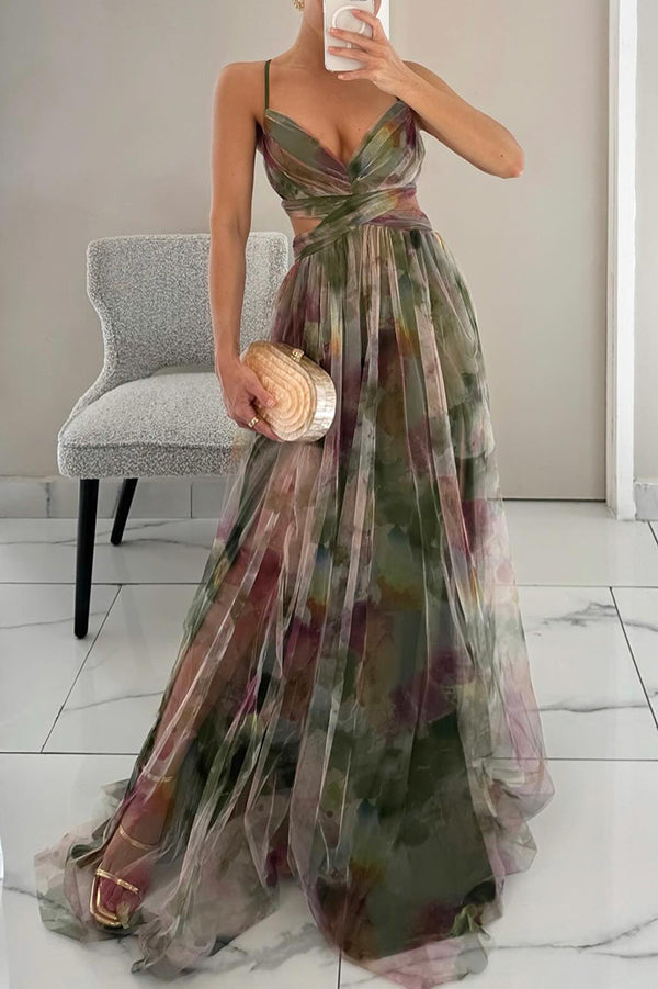 Flowing women's summer maxi dress featuring a V-neck, delicate spaghetti straps, and watercolor design.