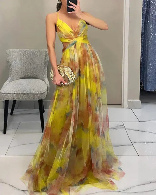 Women's vibrant watercolor print A-line maxi dress, perfect for elegant summer casual wear.