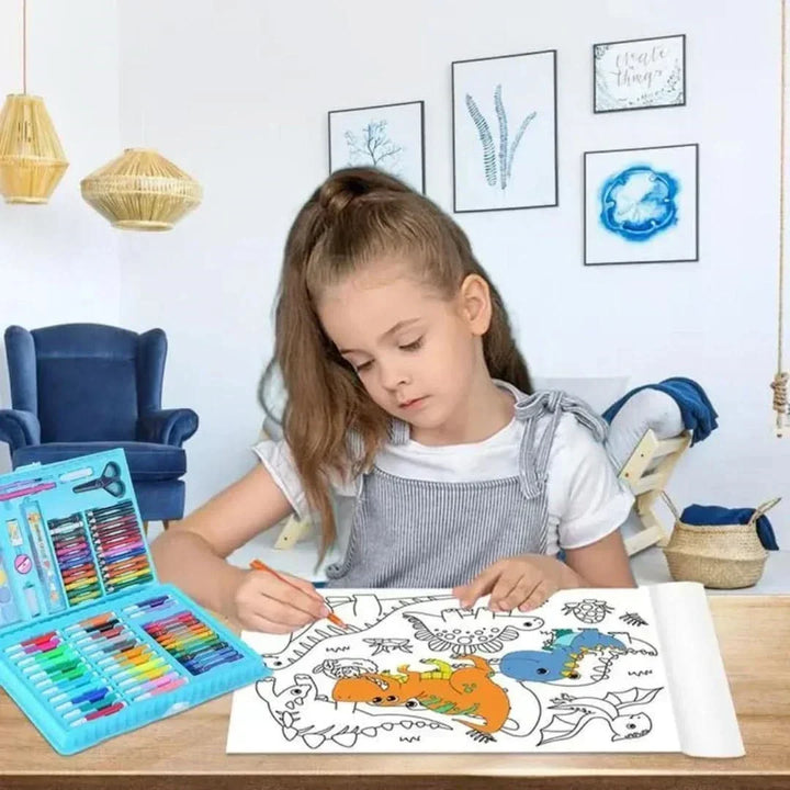Child drawing happily with a colorful 6-in-1 art & craft easel set, using markers and paint supplies.