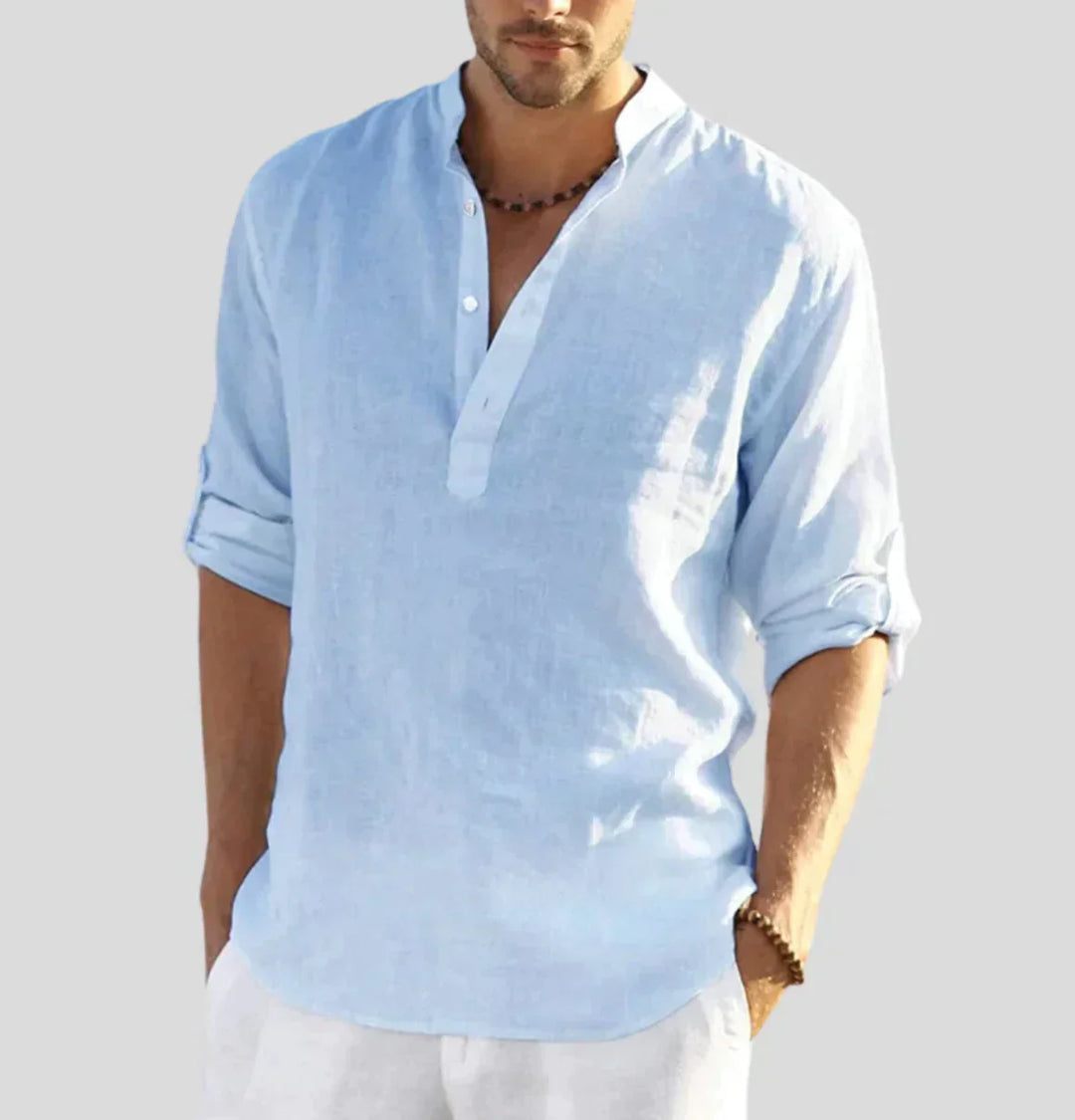 Versatile men's button-up shirt. Hugo Luxe Linen, perfect elegant long-sleeve top for various styles.