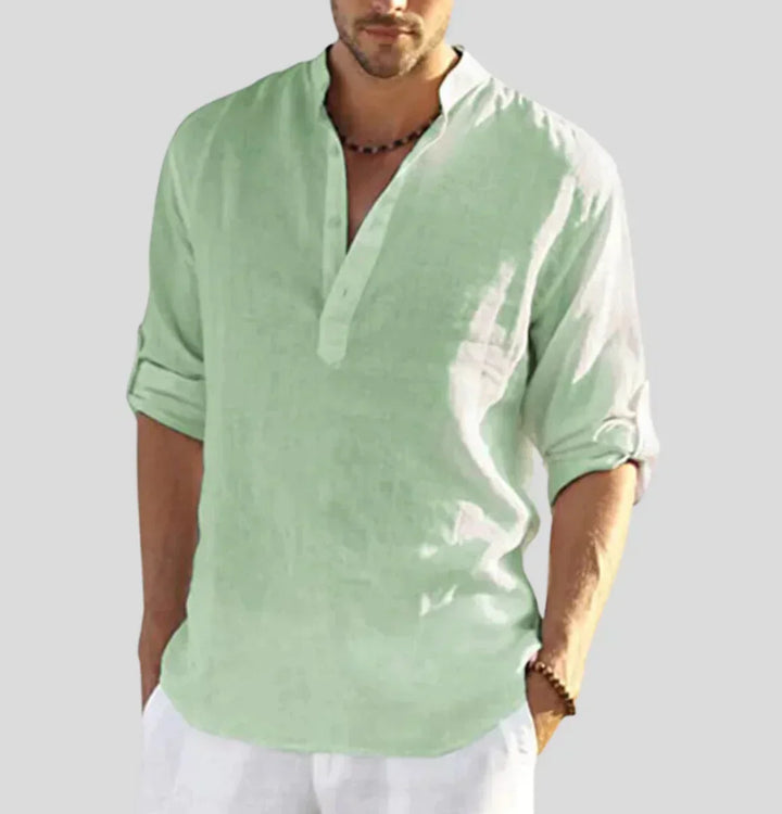 Men's Hugo Luxe Linen button-up. Smart long-sleeve design with classic collar, suitable for modern menswear.