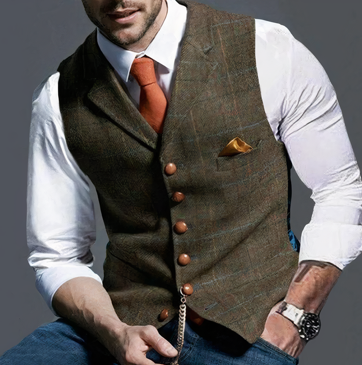Fashionable men's layering piece: a versatile checked vest for a refined, classic gentleman's look.