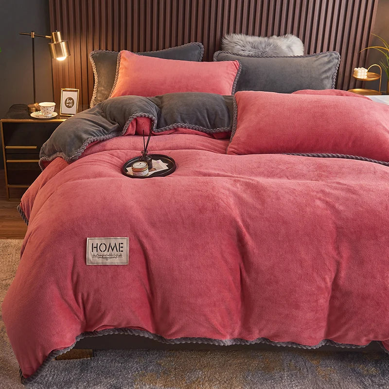 Warm velvet fleece duvet cover and pillow shams, perfect winter bedding ensemble.