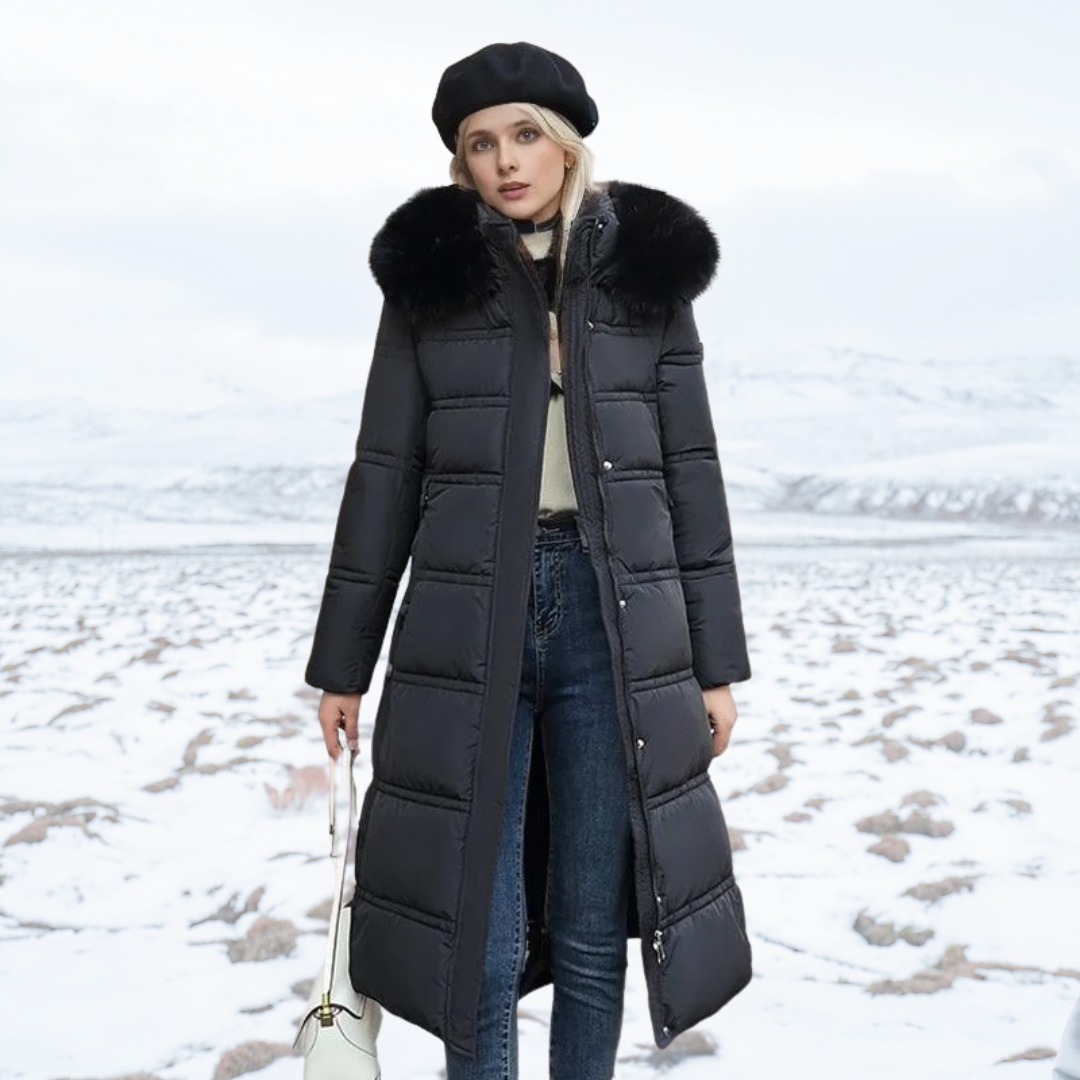 Back view of women's longline faux fur winter coat, showcasing its elegant, warm design.