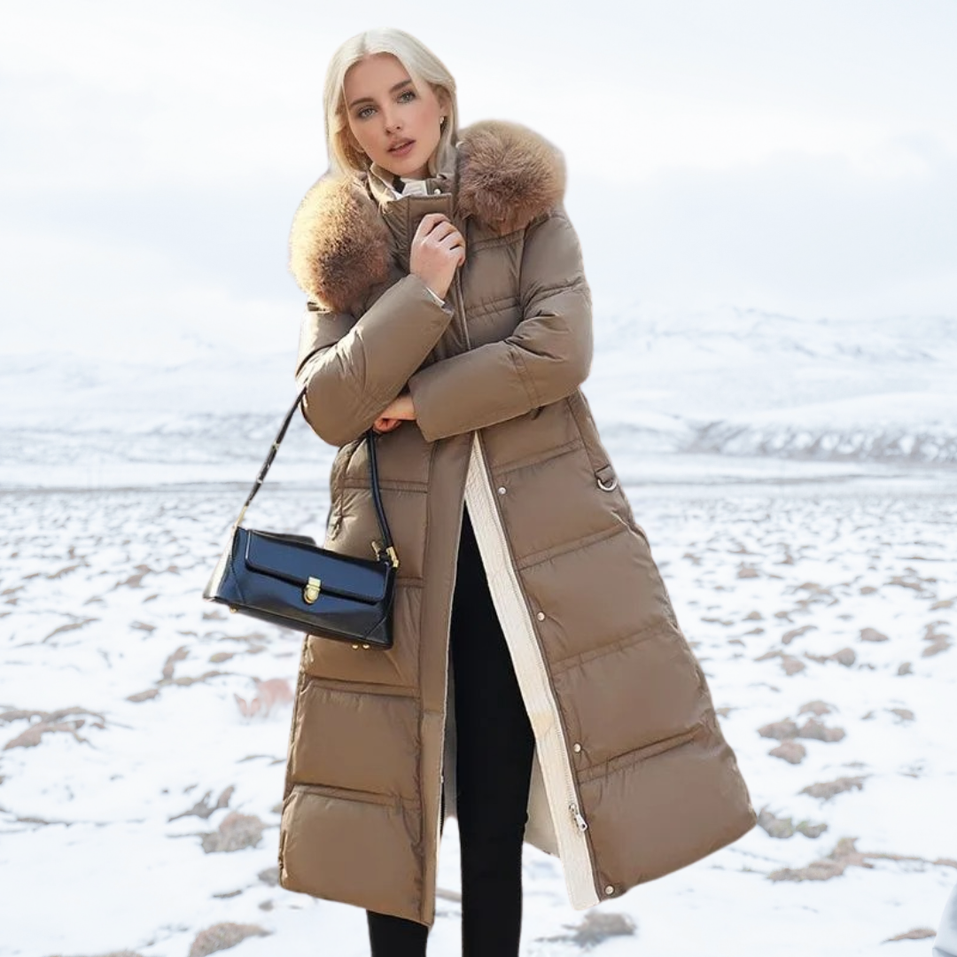 Warm women's longline faux fur winter coat, perfect elegant outerwear for winter fashion.