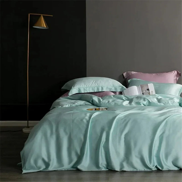 Premium natural silk duvet cover, hypoallergenic and temperature regulating for luxury bedding.