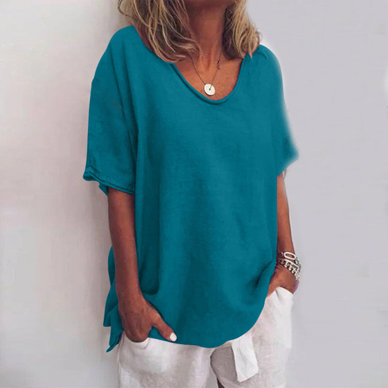 Versatile women's oversized v-neck tee, ideal for comfortable, relaxed everyday style & summer fashion.