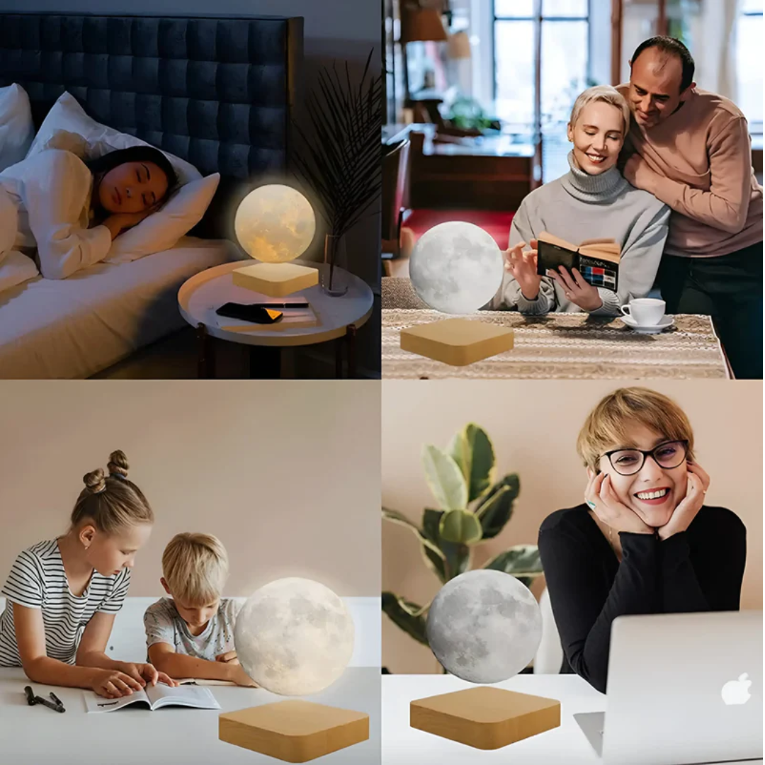 Elegant floating moon lamp with adjustable ambient LED lighting. A modern and unique home decor piece with touch control.