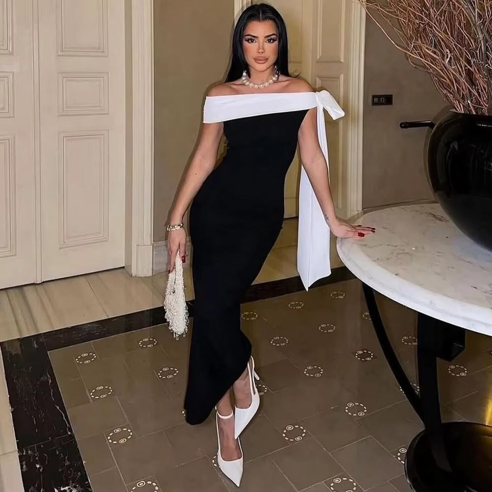 Stylish women's off-shoulder midi dress, a sophisticated evening gown for formal parties & cocktails.