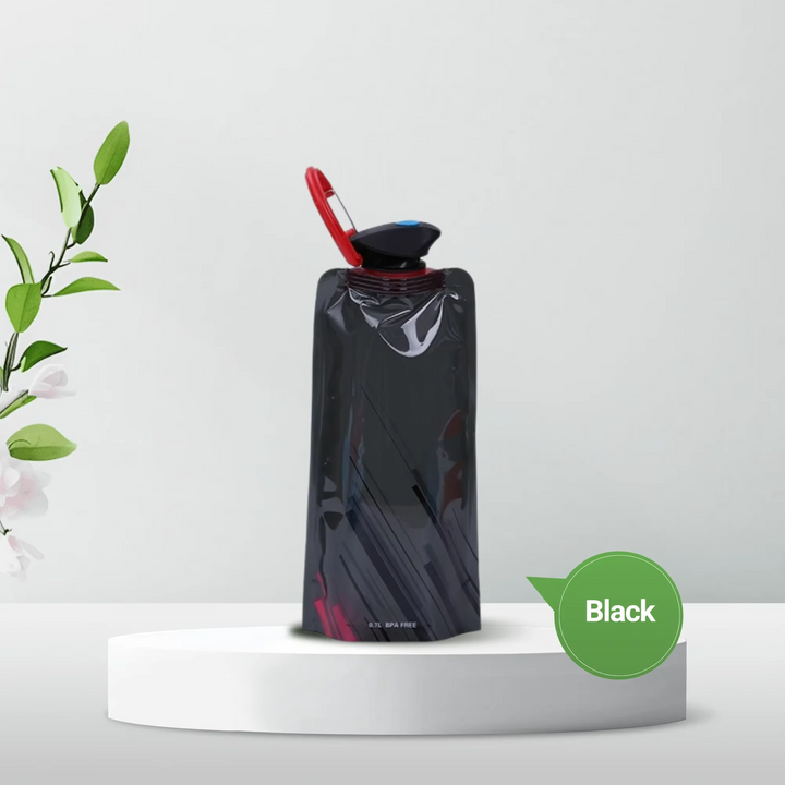 Unfolded BPA-free silicone water bottle, ready for use, essential for outdoor adventures, camping, and staying hydrated.