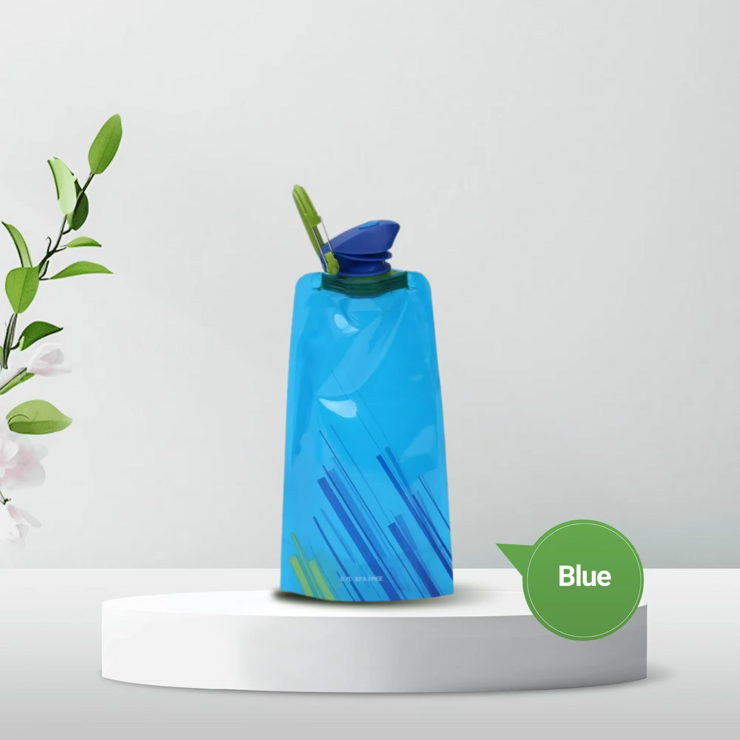 Foldable travel water bottle attached to a backpack, promoting portable hydration for hiking, camping, and adventure gear.