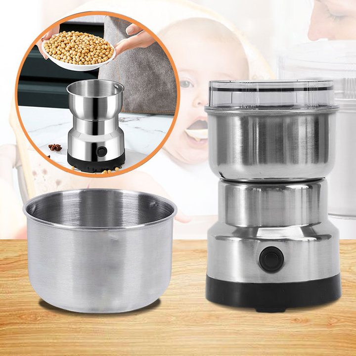 Electric coffee, spice & herb grinder in modern silver finish. Essential multi-purpose kitchen food processing tool.