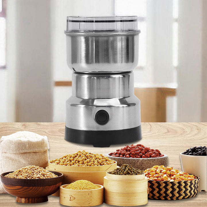 Electric multi-purpose grinder for spices, herbs, coffee beans & food. Silver kitchen appliance.