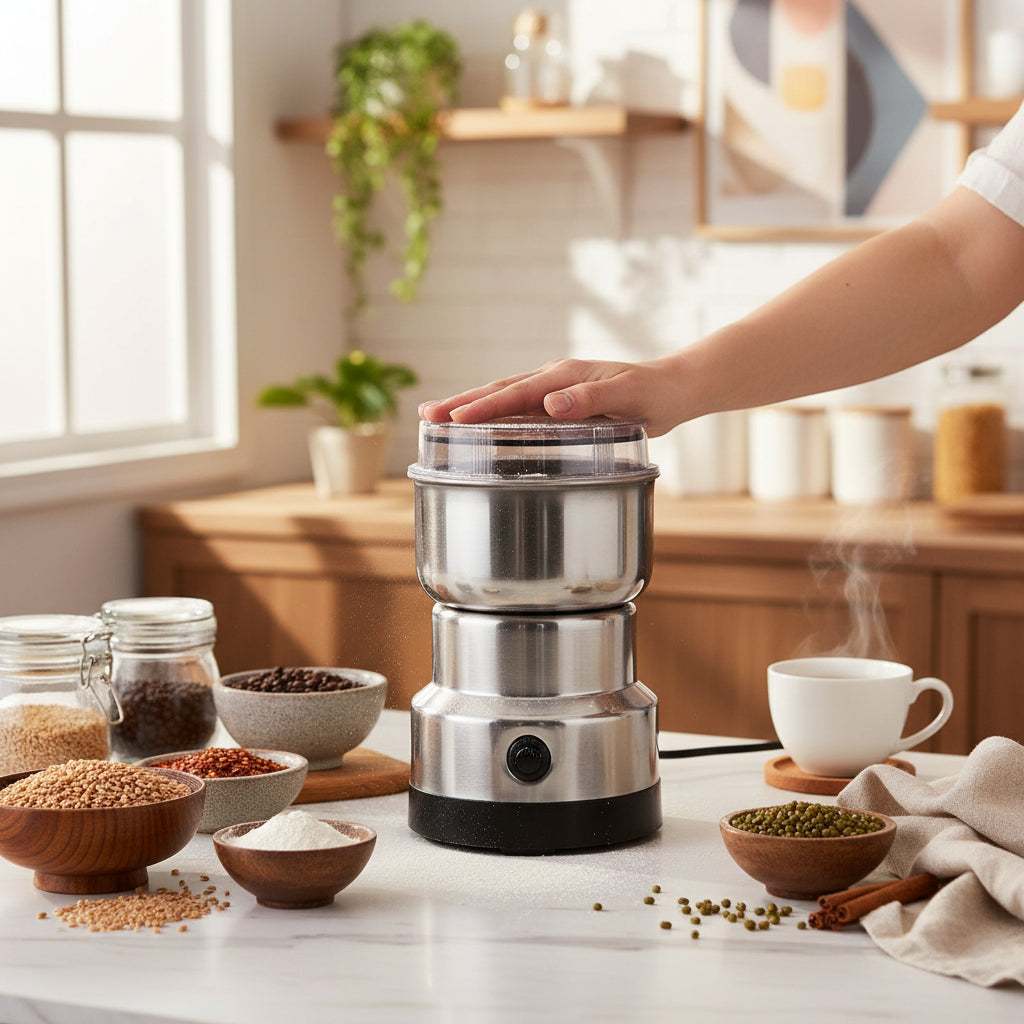 Portable one-touch food grinder mill for dry ingredients. Ideal for coffee beans, herbs, and spices.