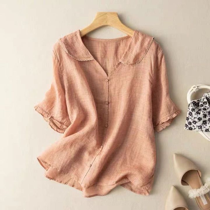 Feminine scalloped top, a button-up blouse with half sleeves. Vintage charm for office, casual, spring & summer.