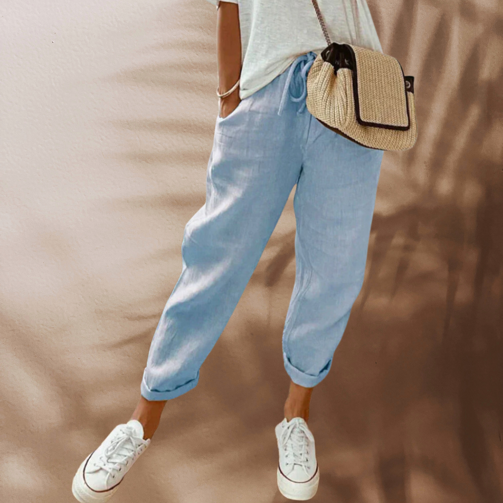 Chic women's relaxed fit linen drawstring pants, offering ultimate comfort for casual summer fashion.