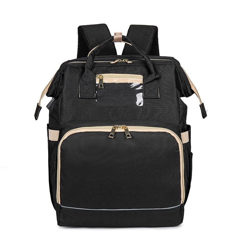 Portable baby changing station: convertible nappy backpack with spacious pockets and bassinet.