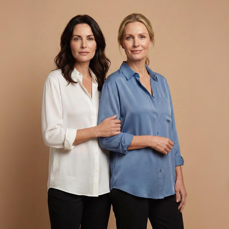 Casual women's long sleeve button-up blouse. Comfortable, stylish everyday top for relaxed looks and versatile fashion.