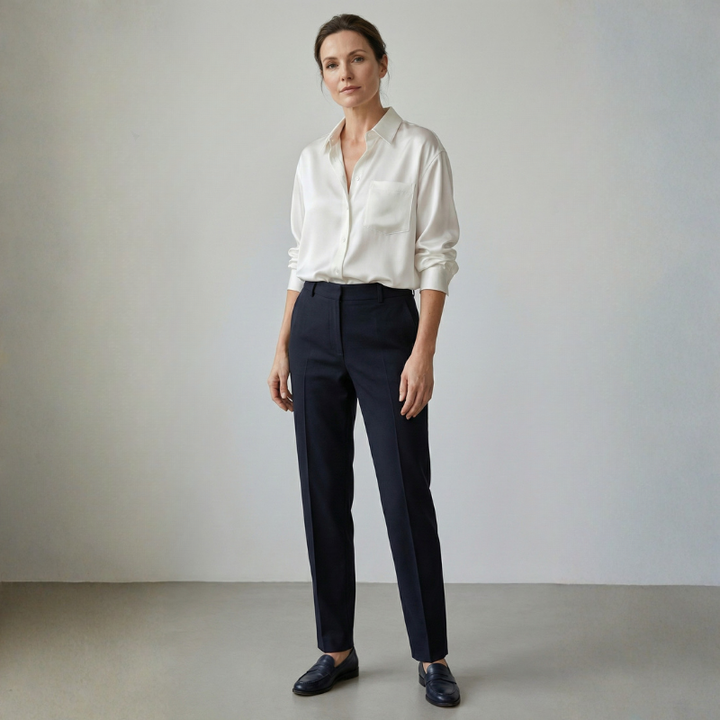 Classic women's collared button-up blouse with long sleeves. Perfect versatile top for office and smart casual fashion.