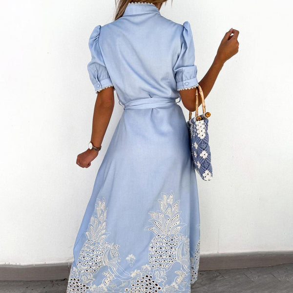 White embroidered maxi dress for women, a comfortable and stylish summer or beach vacation outfit.
