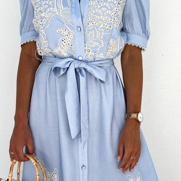 Blue flowy maxi dress for women, an elegant and comfortable summer dress perfect for casual wear.