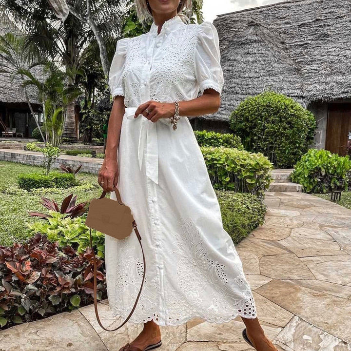 Comfortable women's embroidered maxi dress, a versatile flowy design for summer, beach, or casual wear.