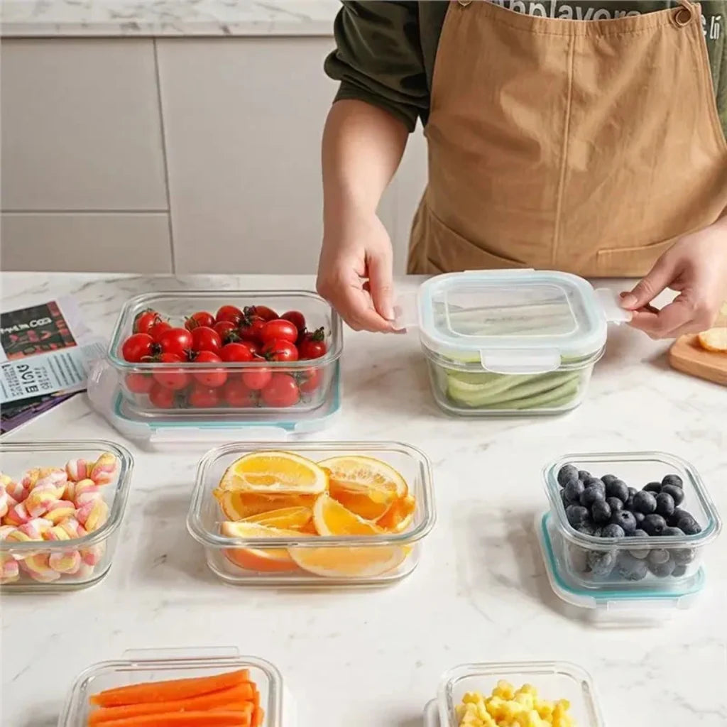 Glass food storage containers with airtight lids, ideal for microwave safe meal prep, leftovers, and lunch boxes.