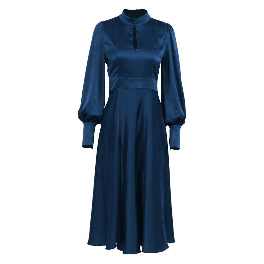 Flattering dark blue midi formal dress for women, versatile evening wear.