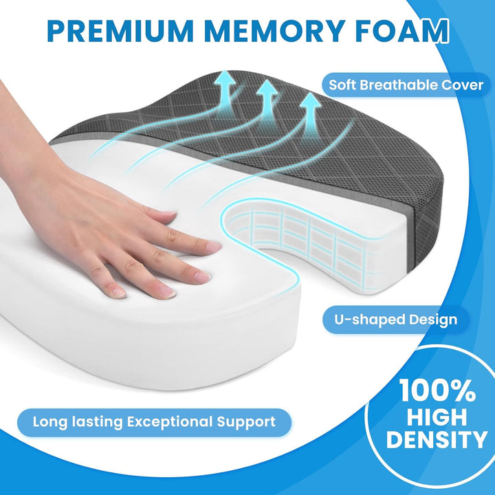 Pressure-relieving memory foam cushion. All-day comfort for office chairs, car seats & home use.