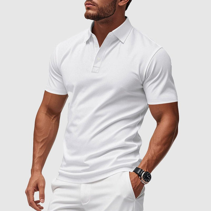 Azure Crest men's performance polo. Breathable short-sleeve top ideal for golf, active wear, or smart casual outfits.