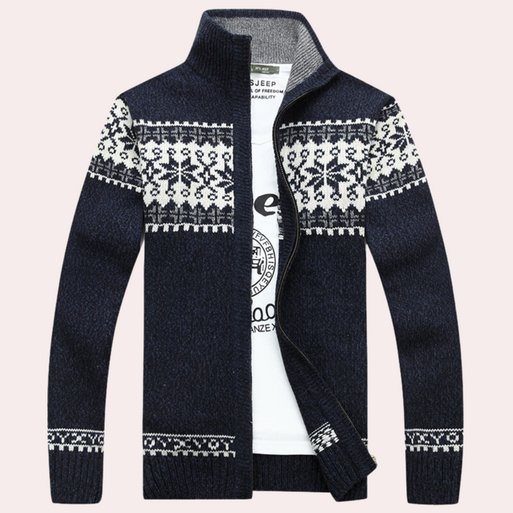 Men's full zip patterned cardigan sweater, ideal for stylish warmth and casual layering.