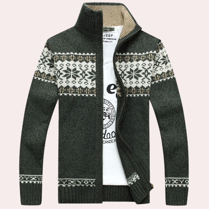 Stylish men's patterned full zip cardigan, a warm long sleeve sweater for winter fashion and casual outerwear.
