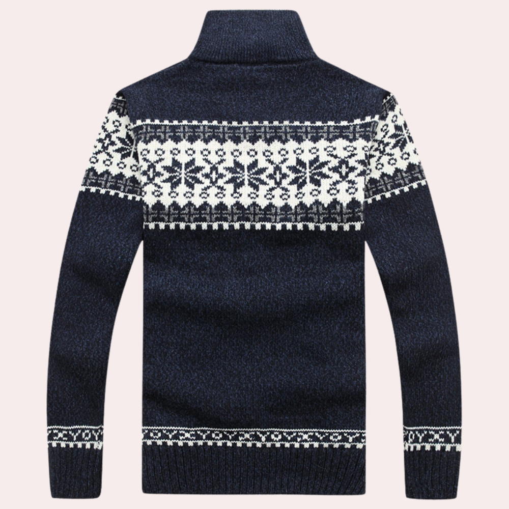 Warm men's full zip cardigan sweater, featuring unique patterned knitwear for comfortable and stylish winter wear.